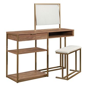 Fieldview Brown 49 in Modern Vanity Accent Storage Unit with Cushioned Stool