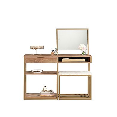 Fieldview Brown 49-in. Modern Vanity Accent Storage Unit with Cushioned Stool