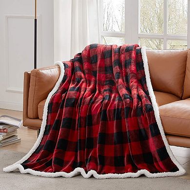 Great Ambitions Red/Black Buffalo Plaid Fleece Throw Blanket, 60"x70" Cozy Soft Flannel
