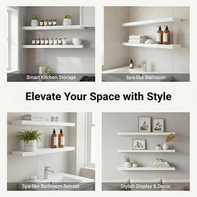 White Floating Shelves Set of 3 Rustic Wood with Metal Brackets 22lb Capacity