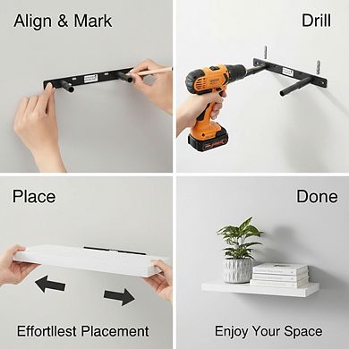 White Floating Shelves Set of 3 Rustic Wood with Metal Brackets 22lb Capacity