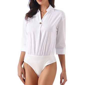 Business Bodysuit for Women 3/4 Sleeve Collared V Neck Work Office Leotard Blouse Shirt