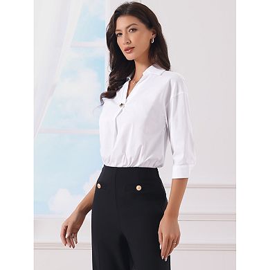 Business Bodysuit for Women 3/4 Sleeve Collared V Neck Work Office Leotard Blouse Shirt