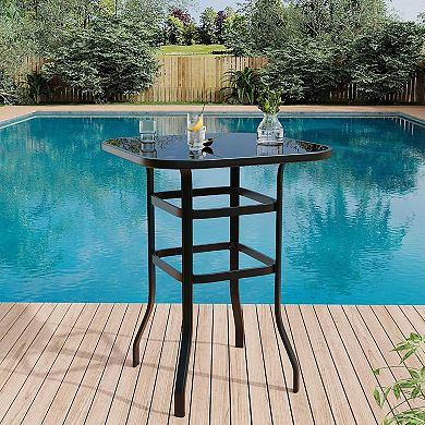 31.5” Square Outdoor Bar Table with Tempered Glass Top & All-Weather Metal Frame