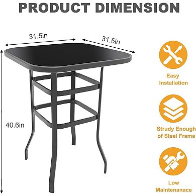 31.5” Square Outdoor Bar Table with Tempered Glass Top & All-Weather Metal Frame