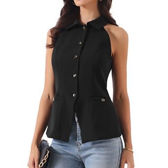 Halter Neck Suit Vest Top for Women Collared Button Up Business Casual Sleeveless Blazer Waistcoat