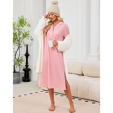 Women Polka Dot Print Lapel Neck Nightdress