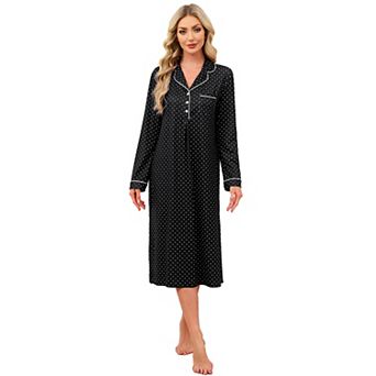 Women Polka Dot Print Lapel Neck Nightdress