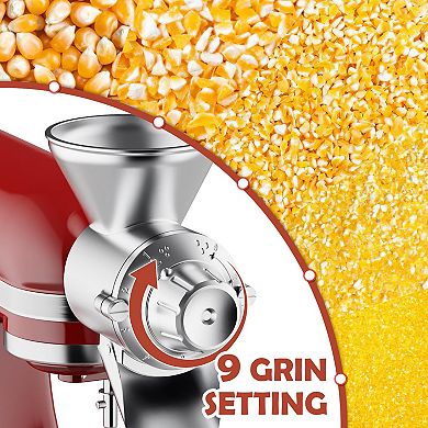Gvode All-Metal Grain Mill Kitchen Attachment for Stand Mixer with 9 Grind Levels