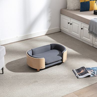 Scandinavian style Elevated Dog Bed Pet Sofa With Solid Wood legs and Bent Wood Back, Velvet Cushion