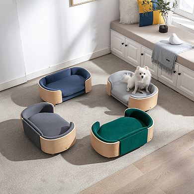 Scandinavian style Elevated Dog Bed Pet Sofa With Solid Wood legs and Bent Wood Back, Velvet Cushion
