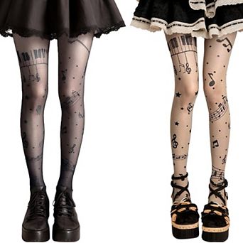 2 pc Women's Sheer Tights with Musical Note and Piano Pattern Design