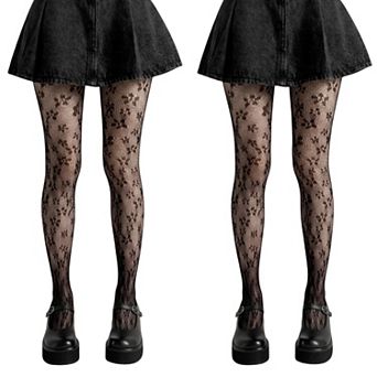 2 pc Women's Floral Lace Pattern Tights with Sheer Mesh Texture and Stretch Fit