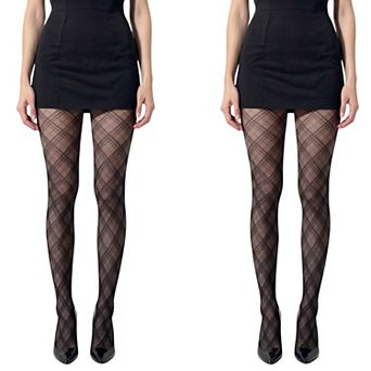 2 pc Women's Sheer Plaid Pattern Tights with Stretch Fit and Elegant Mesh Design