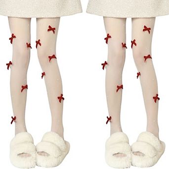 2 pc Women's Sheer Tights with Velvet Bow and Pearl Accent Details