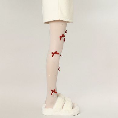 2pcs Women's Sheer Tights with Velvet Bow and Pearl Accent Details