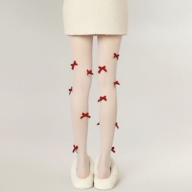 2pcs Women's Sheer Tights with Velvet Bow and Pearl Accent Details