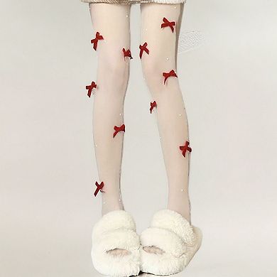 2pcs Women's Sheer Tights with Velvet Bow and Pearl Accent Details