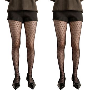 2 pc Women's Sheer Full Length Tights with Diamond Mesh Pattern and Soft Stretch Fit