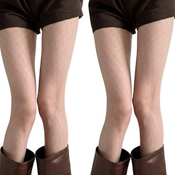 2 pc Women's Sheer Full Length Tights with Diamond Mesh Pattern and Soft Stretch Fit