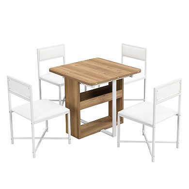 Whisen 5-Piece Extendable Dining Table Set with Storage Rack and 4 PU Leather Upholstered Chairs