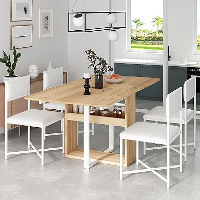 Whisen 5-Piece Extendable Dining Table Set with Storage Rack and 4 PU Leather Upholstered Chairs