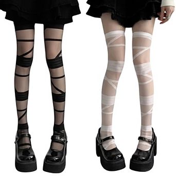 2 pc Women's Sheer Tights with Wrapped Ribbon Illusion and Gothic Layered Design