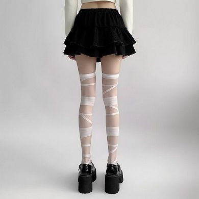 2pcs Women's Sheer Tights with Wrapped Ribbon Illusion and Gothic Layered Design