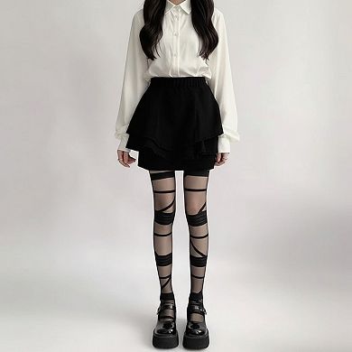 2pcs Women's Sheer Tights with Wrapped Ribbon Illusion and Gothic Layered Design