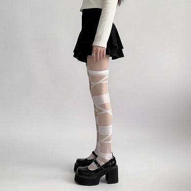 2pcs Women's Sheer Tights with Wrapped Ribbon Illusion and Gothic Layered Design