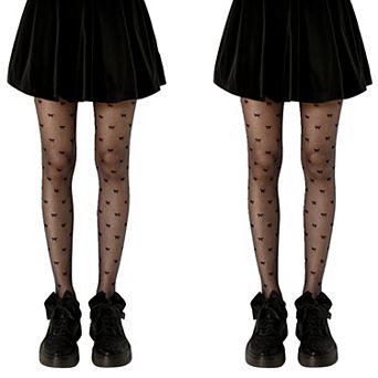 2 pc Women's Sheer Tights with Allover Bow Pattern Design