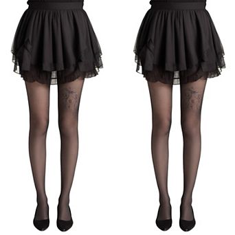 2 pc Women's Sheer Full Length Tights with Decorative Bow Thigh Print and Soft Stretch Fit
