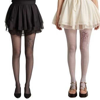 2 pc Women's Sheer Full Length Tights with Decorative Bow Thigh Print and Soft Stretch Fit