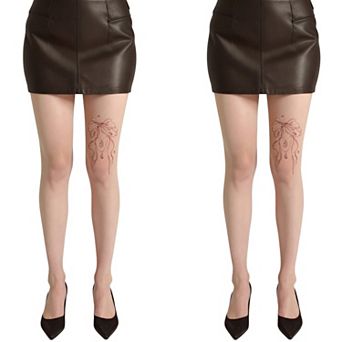 2 pc Women's Sheer Full Length Tights with Decorative Bow Thigh Print and Soft Stretch Fit