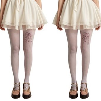 2 pc Women's Sheer Full Length Tights with Decorative Bow Thigh Print and Soft Stretch Fit