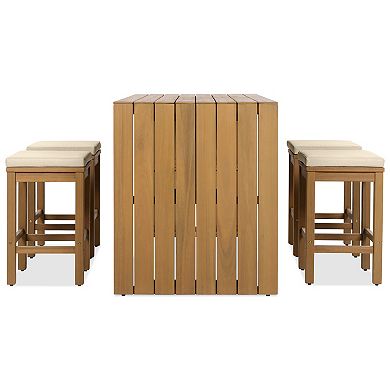 Whisen 5-piece Outdoor Acacia Wood Table & 4 Stools with Cushions, Patio Bar Set for Backyard