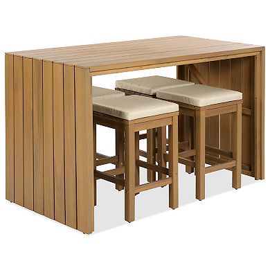 Whisen 5-piece Outdoor Acacia Wood Table & 4 Stools with Cushions, Patio Bar Set for Backyard