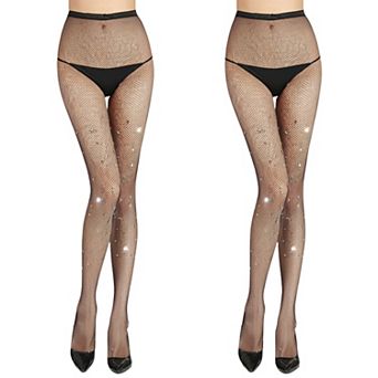 2 pc Women's Fishnet Full Length Tights with Rhinestone Embellishments and Soft Stretch Fit