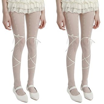 2 pc Women's Sheer Lace Pattern Tights with Ribbon Bow Wrap Detail and Stretch Fit