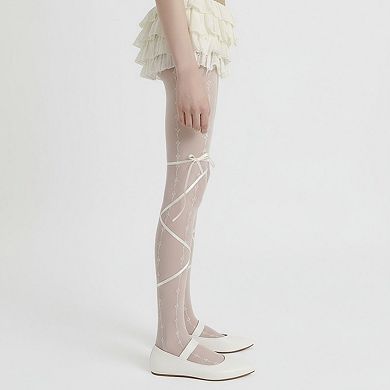 2pcs Women's Sheer Lace Pattern Tights with Ribbon Bow Wrap Detail and Stretch Fit