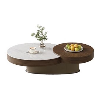 Modern Lift-Top Coffee Table with Storage, Dual Round Design - Stone & Wood Top, Saddle Leather Base