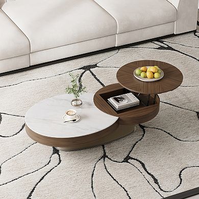 Modern Lift-Top Coffee Table with Storage, Dual Round Design - Stone & Wood Top, Saddle Leather Base