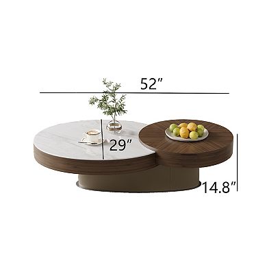 Modern Lift-Top Coffee Table with Storage, Dual Round Design - Stone & Wood Top, Saddle Leather Base
