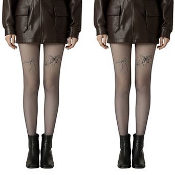 2 pc Women's Sheer Full Length Tights with Bow and Butterfly Thigh Print and Soft Stretch Fit