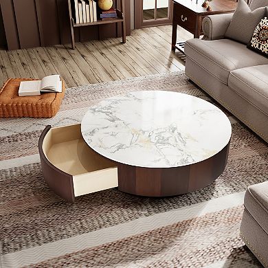 Fully Assembled Modern Coffee Table for Living Room, Round Coffee Table with Storage Drawer