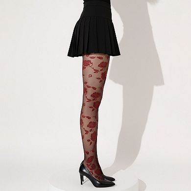 2pcs Women's Sheer Floral Pattern Tights with Bold Rose Motif and Stretch Mesh Design