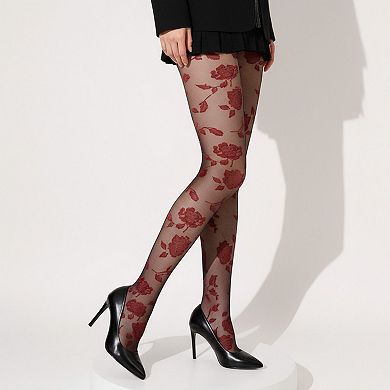 2pcs Women's Sheer Floral Pattern Tights with Bold Rose Motif and Stretch Mesh Design
