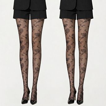 2 pc Women's Sheer Floral Pattern Tights with Bold Rose Motif and Stretch Mesh Design