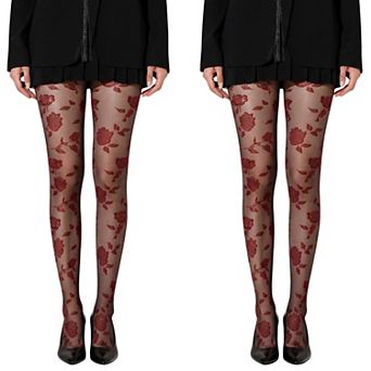 2 pc Women's Sheer Floral Pattern Tights with Bold Rose Motif and Stretch Mesh Design