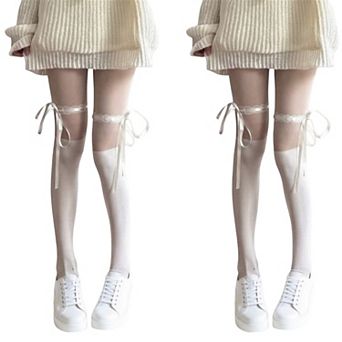 2 pc Women's Sheer Over-the-Knee Tights with Satin Ribbon Bow and Scalloped Edge Design